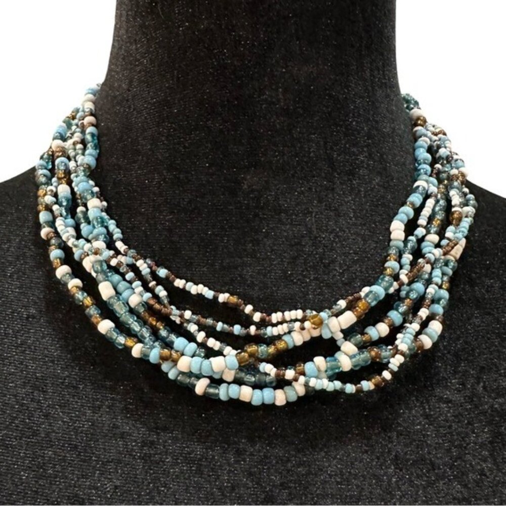 Multistrand Beaded Necklace With Blue & White Beads